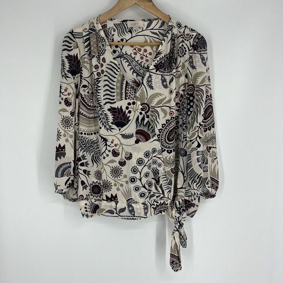 Loft Top Size Small Womens Ivory Red Floral Print Blouse 3/4 Sleeve Faux Wrap - Picture 1 of 8